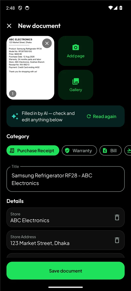 AI-filled receipt in Memento