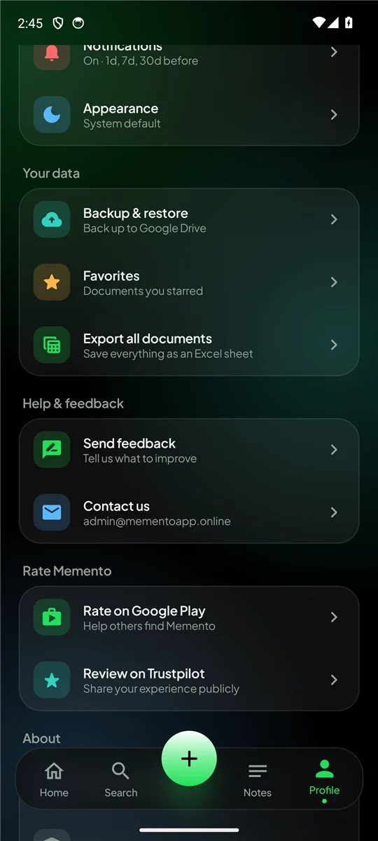 Help and feedback in Memento's profile